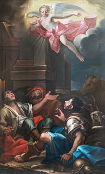 BERGAMO, ITALY - MARCH 18, 2026: The painting of Revelation of angel to shepherds in church Chiesa di Santo Spirito by Marco Olmo (1683 - 1753).