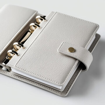 White leather ring diary with gold binder, minimal design, open on white background, elegant and modern office accessory