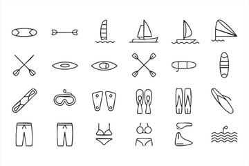 Beach and Ocean Activity Icons Featuring Surfing Kayaking and Sailing © Icon Nest