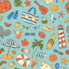 Summer doodles seamless pattern for wallpapers, backgrounds, wrapping papers, textile prints, packaging, stationery, banners, etc. EPS 10 © Натали Осипова