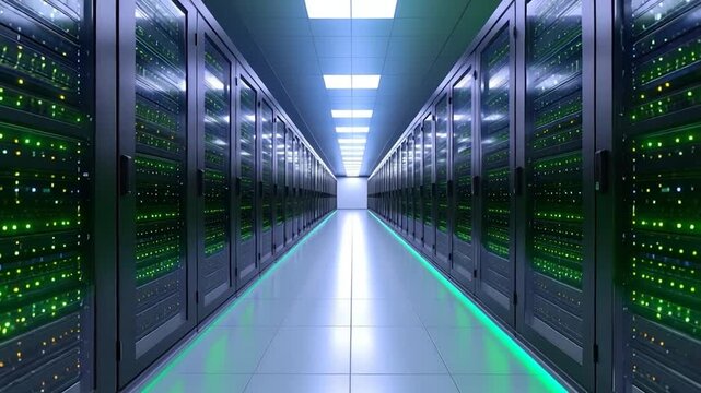 A long, symmetrical server room hallway with rows of data storage units, emitting green light