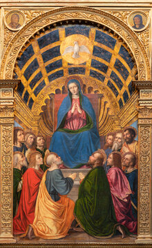 BERGAMO, ITALY - MARCH 18, 2026: The renaissance painting of Pentecost (central part of polyptich) in the church Chiesa di Santo Spirito by Ambrogio da Fossano - Bergognone (1508).