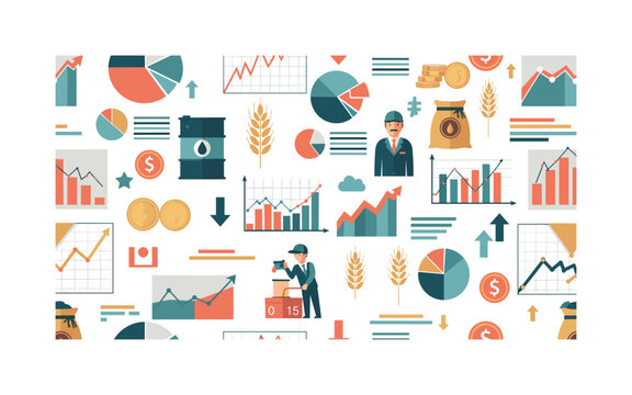 financial commodity market seamless pattern, charts, traders, barrels, coins, grain sacks, graphs and trend symbols arranged in a repeating pattern, white