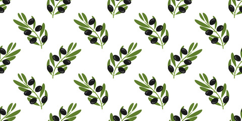 Fototapeta premium Black olive branch seamless pattern for kitchen textile, wallpaper, wrapping paper and Mediterranean food decor