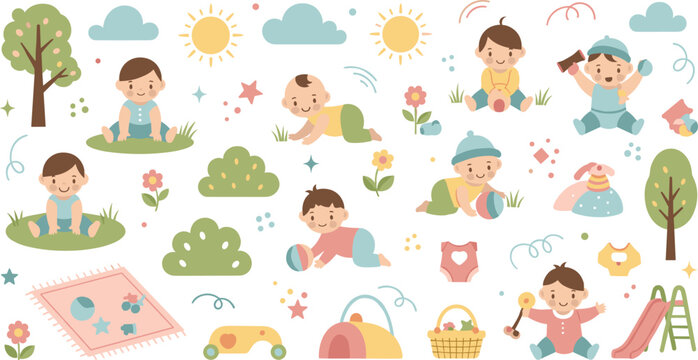 Kids Outdoor Activities Vector Set with Children Playing in Park Crawling Sitting Exploring Nature and Playground Elements Illustration.