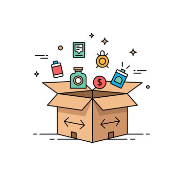 Subscription box delivery cardboard box opening with small product icons and a recurring arrow symbol suggesting monthly curated deliveries to subscribers. The