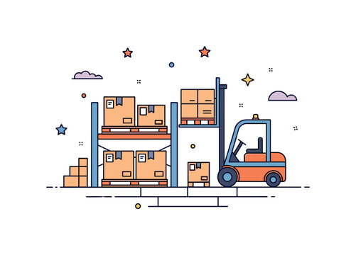 Warehouse materials handling scene featuring a forklift lifting a pallet of boxes onto a storage shelf. The composition highlights industrial logistics, supply