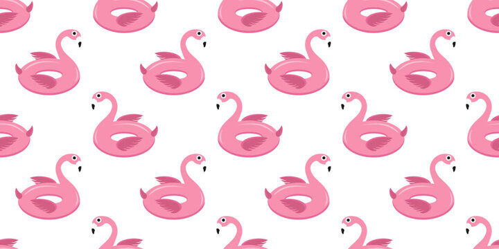 Pink flamingo swim ring seamless pattern for summer textile, wallpaper, wrapping paper and pool party decor