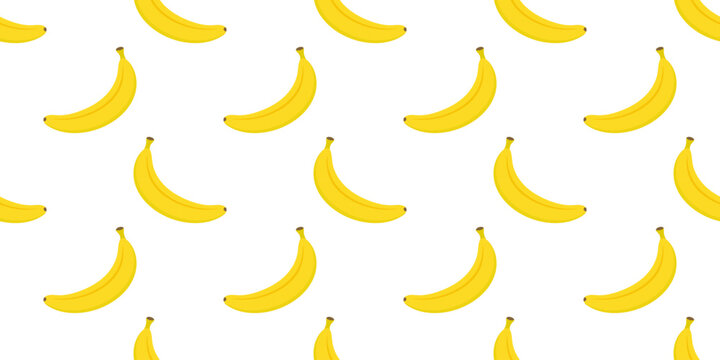 Seamless banana pattern with ripe yellow fruit on white background for textile and packaging design