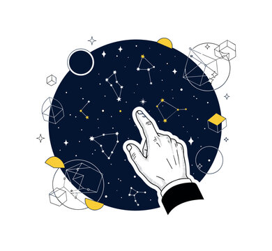 retro space observation scene with a black and white hand pointing toward the stars, white outline cut-out effect around the hand, large navy circle sky filled