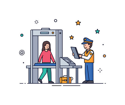 Airport safety checkpoint passenger walking through a security scanner while a guard monitors the checkpoint. Clean concept highlighting safety protocols and