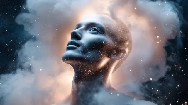 A silhouette of a person appears with clouds and stars surrounding them in the dark sky. The image focuses on cosmic themes that suggest a connection to the universe