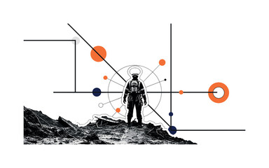 Fototapeta premium black and white rescue worker standing near mud-covered debris after a landslide, white cut-out outline around figure, circular halos and structural line