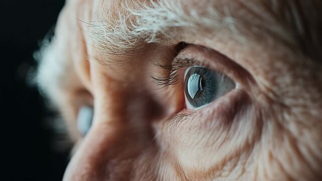 Focus on an elderly person's face with a close-up of their eye and skin. The light highlights the texture and details. The setting is indoors, providing a simple background