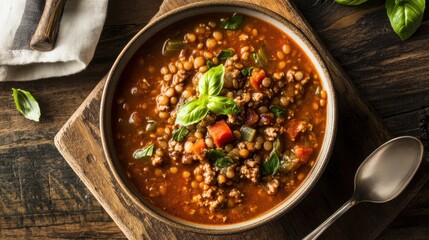 Lentil and beef soup served in bowl on wooden board