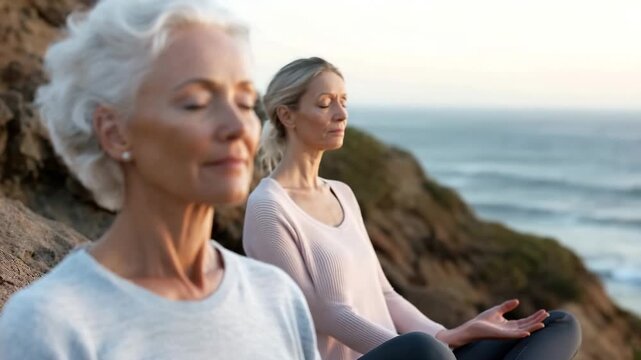 Two seniors practice yoga on a cliff by the ocean during sunset. They focus on deep breathing and relaxation while connecting with nature and each other