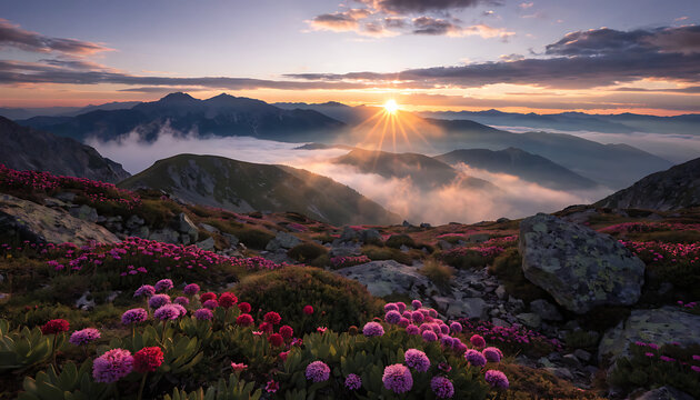 Vibrant mountain sunrise with pink alpine flowers and misty valleys landscape