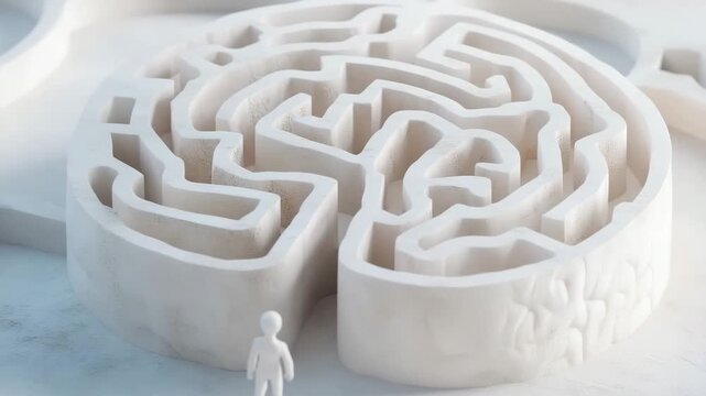 A small figure stands near a brain maze made of light material. The maze has various paths and design details. The environment is simple, allowing focus on the maze