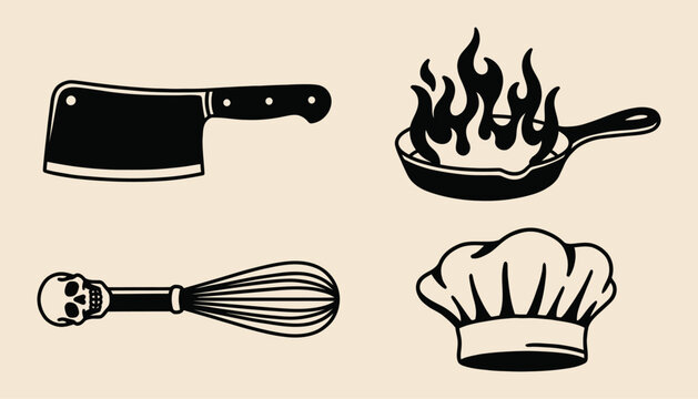 Minimalist black and white culinary icons set including chef hat and flaming pan