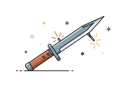 Military bayonet knife long triangular blade attached to a stylized rifle muzzle while small spark icons emphasize sharpness and precision. The scene reflects