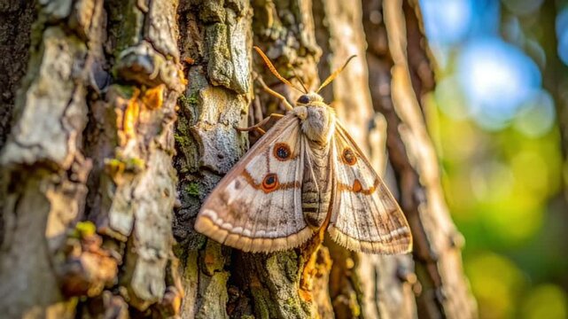 Detailed close-up of a beautiful moth with patterned wings on tree bark
