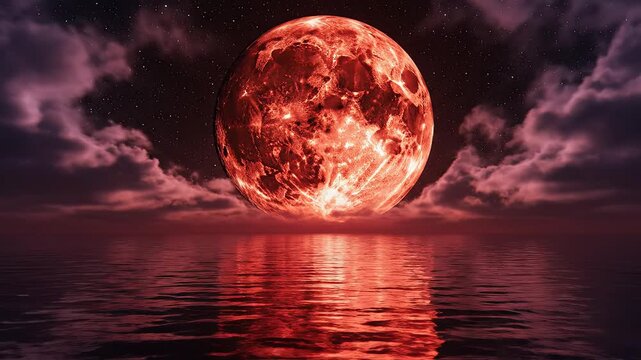 Glowing red moon over water