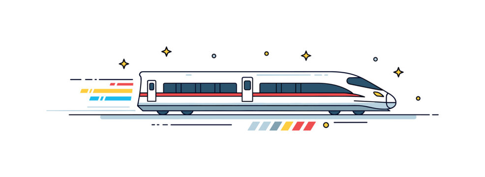 Futuristic rail transport illustrated by a streamlined bullet train moving across minimal track lines with speed marks behind it. Clean technological scene