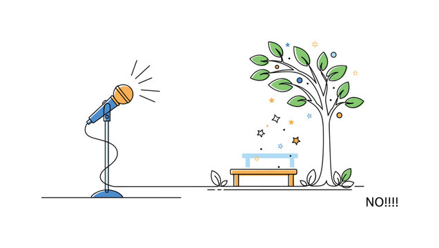 Comedy Show Spotlight. Minimalistic one-line drawing microphone stand under a spotlight on stage ready for a comedy performance, continuous single black line
