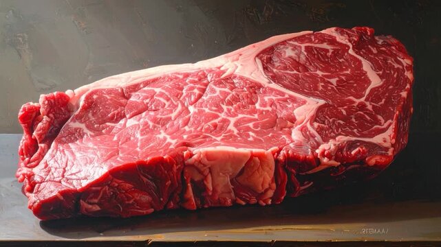A raw, marbled cut of beef rests, showcasing a rich red hue with prominent white fat marbling
