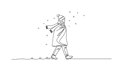 Fototapeta premium Snowy Chill. Minimalistic one-line drawing person walking in snow with frost in the air and bundled clothing, continuous single black line on white background,