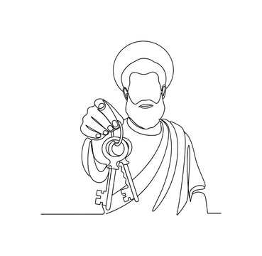 Saint Peter With Staff. Minimalistic one-line drawing Saint Peter holding a pastoral staff symbolizing leadership, continuous single black line on white