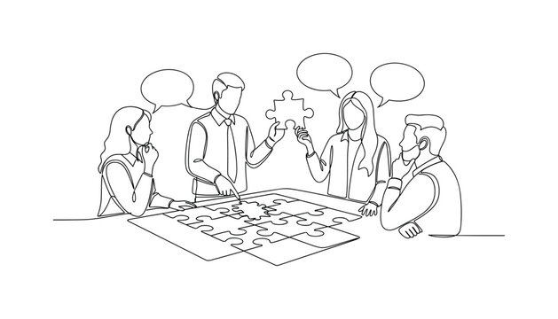 Brainstorm Puzzle Session. Minimalistic one-line drawing people discussing and moving puzzle pieces as a group activity, continuous single black line on white