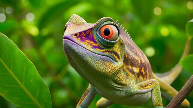 Colorful frog perched on a vibrant green leaf in a lush rainforest setting.