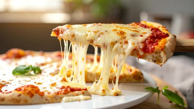 A slice of pizza, melted cheese stretching, resting on a white plate. Other slices near