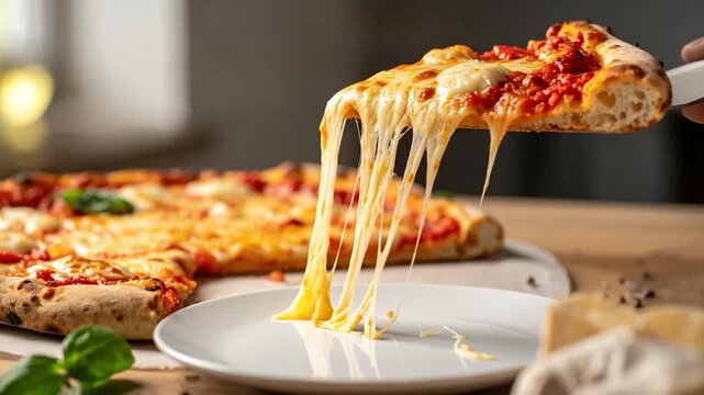 A slice of pizza, held aloft, with melted cheese stretching down to a white plate. Whole pie nearby