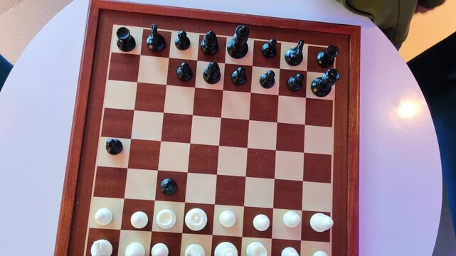 Close&mdash;up view of the chessboard from above - a child moves a piece during a game. The concept of strategy, training and development of logical thinking.
