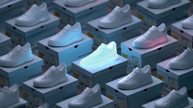 Chaussures blanches sur bo&icirc;tes avec mod&egrave;le num&eacute;rique lumineux au centre