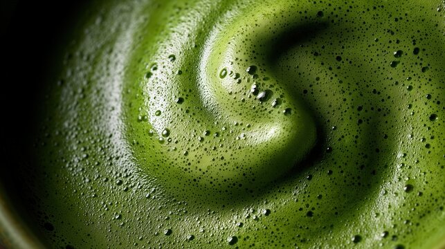 Gros plan sur une spirale verte brillante parsem&eacute;e de gouttelettes d'eau