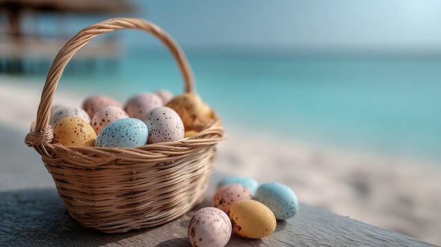 Panier en osier rempli d'&Aring;&ldquo;ufs color&eacute;s pos&eacute; sur une plage tropicale