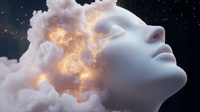 A head appears with bright light and clouds around it. The light supports ideas and creativity. The environment is dark, highlighting the glow. The atmosphere feels inspiring and imaginative