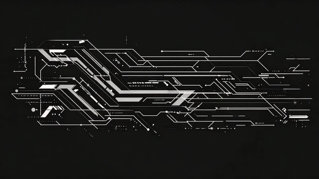 A stark, linear, digital schematic, a complex network of white lines on a black background