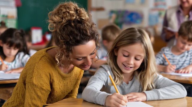 Young girl enjoys writing in classroom while teacher guides her in engaging learning environment surrounded by peers