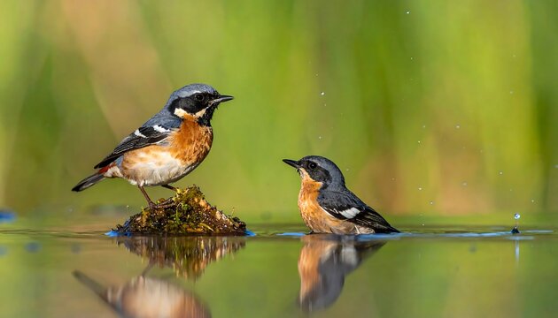 Two Stonechats Perched on a Rock in Shallow Water with Reflections.