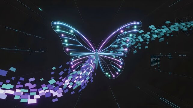Neon digital butterfly emerging from data particles on dark background