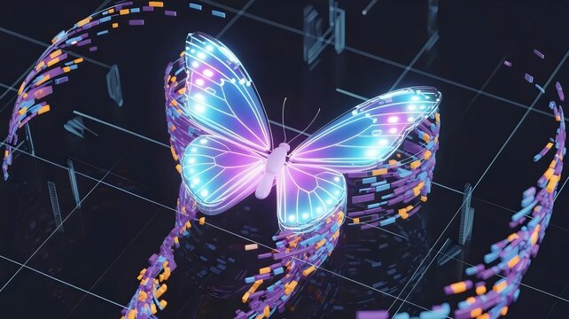 Holographic butterfly materializing from pixelated data fragments
