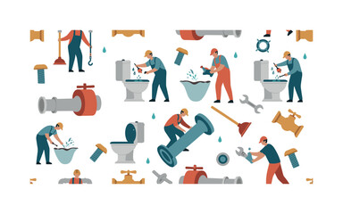 Fototapeta premium bathroom renovation seamless pattern, plumbers replacing toilets, pipes, bolts, wrenches, water valves and plungers arranged in a repeating pattern, white