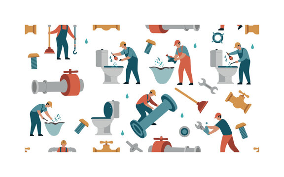 bathroom renovation seamless pattern, plumbers replacing toilets, pipes, bolts, wrenches, water valves and plungers arranged in a repeating pattern, white
