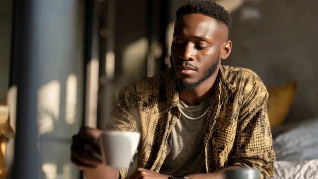 Young Black man engaged in thoughtful reflection while journaling in a cozy interior space during the morning light hours