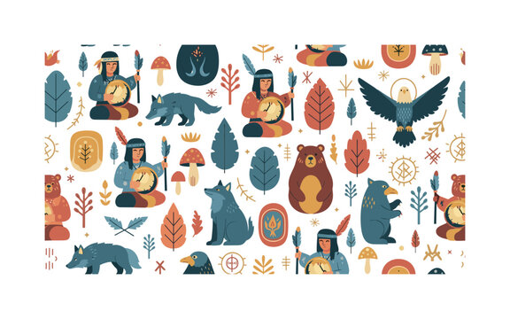 shamanic nature connection seamless pattern, shamans with drums and feathers, spirit animals, totems, sacred symbols and forest plants arranged in a repeating