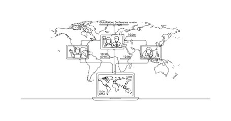 Fototapeta premium Global Video Conference. Minimalistic one-line drawing people in small screens on laptop connected to world map with time indicators, continuous single black